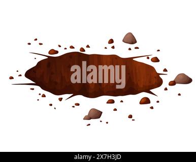 Deep hole in the ground with grass and stones. Brown soil, large cracks and ruins. Digging of sand coal waste rock. Detailed drawing in cartoon style Stock Vector