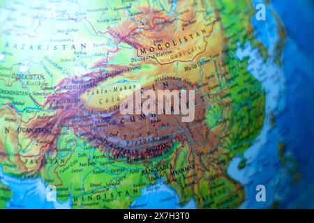Part of the world map. Map focused on China. Country borders. Top view. Horizontal photo. No people, nobody. Stock Photo