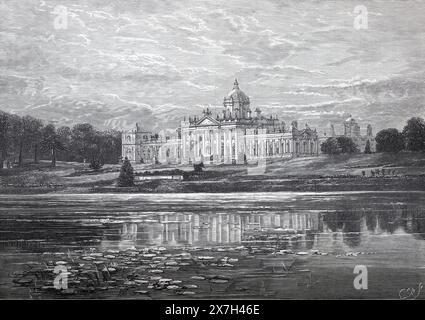 The South Front of Castle Howard, North Yorkshire, England; Viewed across the South Lake. Black and White Illustration from Our Own Country Vol III published by Cassell, Petter, Galpin & Co. in the late 19th century. Stock Photo