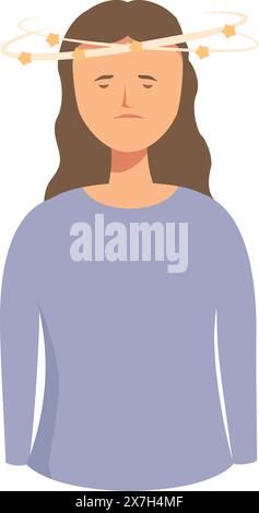 Illustration of a woman experiencing dizziness, vertigo, and imbalance due to a medical condition, depicted in a cartoon graphic Stock Vector