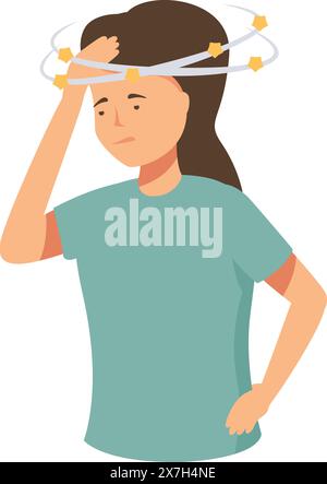 Vector graphic of a young woman experiencing vertigo, with stars circling her head Stock Vector