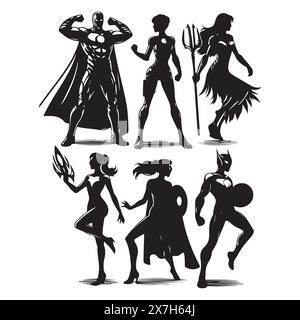 Silhouette set of superheroes. Vector isolated illustration Stock Vector