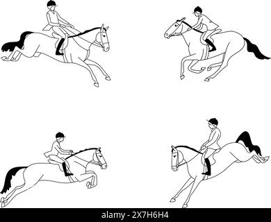 Black and white set of riders and horses on the theme of horse hunting Stock Vector