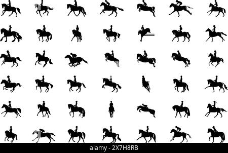 42 vector silhouettes on the theme of horse riding. Vector illustration Stock Vector