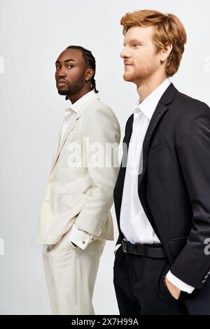 Two handsome multicultural men in suits standing side by side. Stock Photo