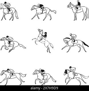 Horse racing set in line art drawing style Stock Vector