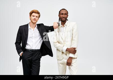 Two multicultural men in elegant suits stand together. Stock Photo