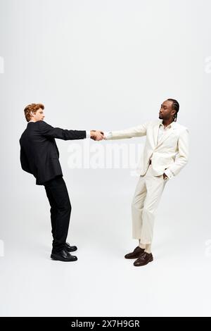 Two multicultural men in elegant suits shaking hands. Stock Photo