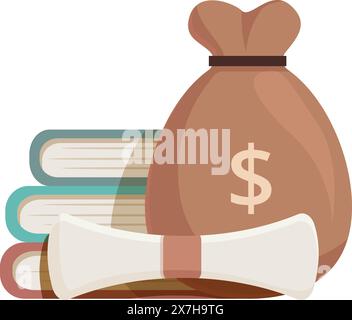 Flat vector illustration of a money bag on top of books beside a diploma, symbolizing education financing Stock Vector