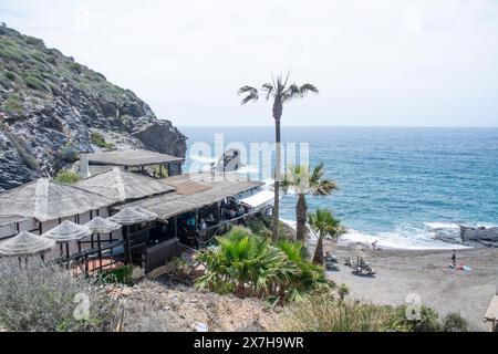 Beach and La Cala restaurant at Cala del Barco in La Manga Golf Resort Murcia Spain Stock Photo