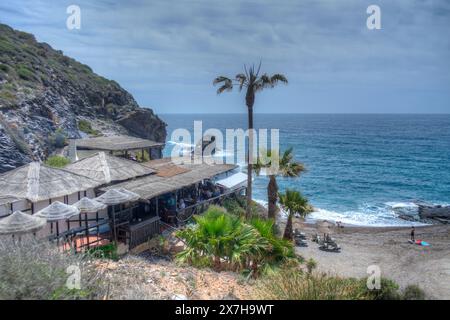 HDR image of the Beach and La Cala restaurant at Cala del Barco in La Manga Golf Resort Murcia Spain Stock Photo