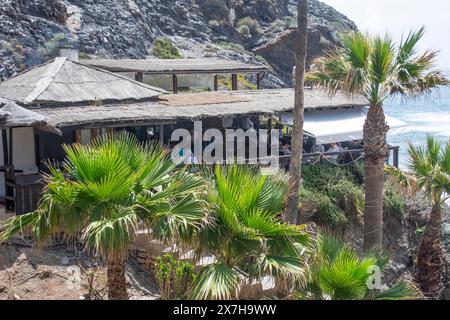 Beach and La Cala restaurant at Cala del Barco in La Manga Golf Resort Murcia Spain Stock Photo