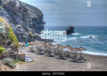 HDR image of the Beach and La Cala restaurant at Cala del Barco in La Manga Golf Resort Murcia Spain Stock Photo