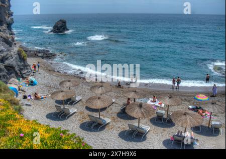 HDR image of the Beach and La Cala restaurant at Cala del Barco in La Manga Golf Resort Murcia Spain Stock Photo