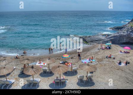 HDR image of the Beach and La Cala restaurant at Cala del Barco in La Manga Golf Resort Murcia Spain Stock Photo