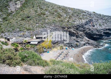 Beach and La Cala restaurant at Cala del Barco in La Manga Golf Resort Murcia Spain Stock Photo