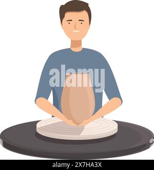 Digital illustration of a smiling male potter creating a ceramic vase on a pottery wheel Stock Vector