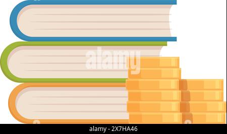 Illustration of books with coins, symbolizing the financial aspect of education Stock Vector