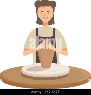 Vector illustration of a cheerful potter creating a vase on a pottery wheel Stock Vector
