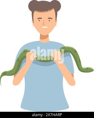 A vector illustration of a happy young man with his pet snake wrapped around his neck Stock Vector