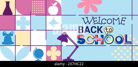 Back to School Sale concept. Welcome to school poster template with school stuff vector illustrations placed in square blocks. Trendy poster on Stock Vector