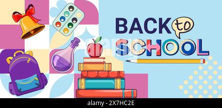 Back to School Sale concept. Welcome to school poster template with school stuff vector illustrations placed in square blocks. Trendy poster on Stock Vector