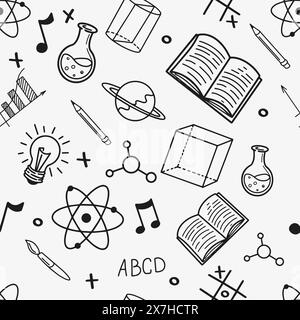 Back to school concept seamless pattern of design elements book, laboratory flask geometry figures in doodle style. Stock Vector