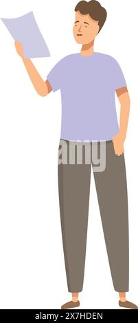 Cartoon of a puzzled young man looking at a paper document in his hand Stock Vector