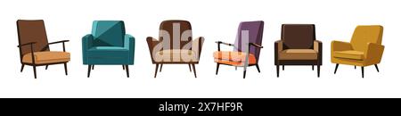 Set of different vintage mid century modern armchairs. Comfortable soft furniture different colors, shapes, viewing angle front and side. Vector reali Stock Vector