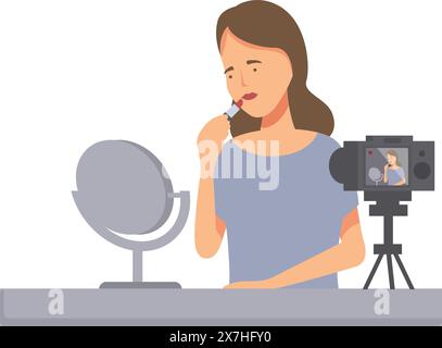 Young woman vlogger applying lipstick while filming a beauty guide Stock Vector