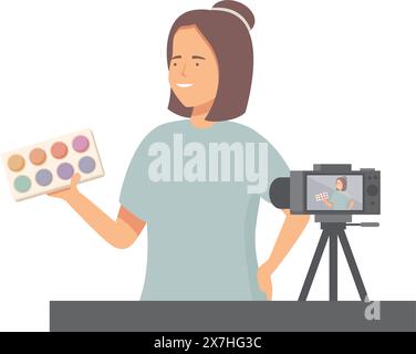 Cheerful art teacher demonstrates watercolor techniques during a virtual class Stock Vector