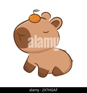 Cute capybara with a tangerine on her head in Asian kawaii style. Cartoon character. Funny vector illustration for stickers, logo, mascot, isolated Stock Vector
