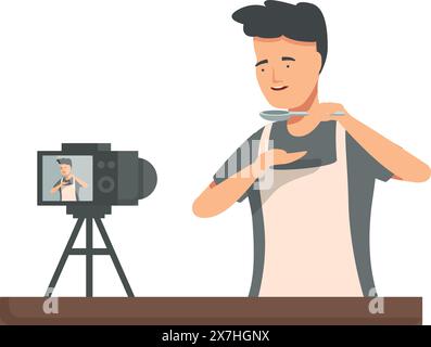 Young male vlogger setting up a camera for filming, preparing to create engaging video content Stock Vector