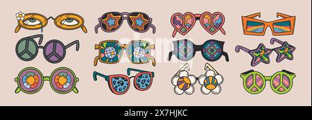 Funky groovy sunglasses set in circle, heart, daisy flower or star shape. Summer psychedelic eyeglasses with trippy eyes, leopard print and disco ball in retro 70s hippie style. Vintage hippy eyewears Stock Vector