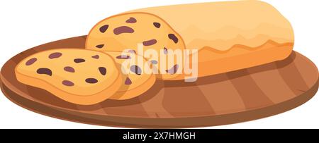 Cartoon illustration of a loaf of bread with sliced pieces on a wood cutting board Stock Vector