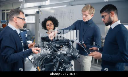 Male Chief Engineer Explains to Young Specialists About Components of the Electric Motor. People Programming on Laptops and Listening. Engineering and Green Electric Energy Education Concept. Stock Photo