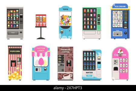 Cartoon vending machines with snacks. Automatic sellers, assortment of drinks and food, candy sweets, toys, pop corn, coffee, cotton candy, ice cream Stock Vector