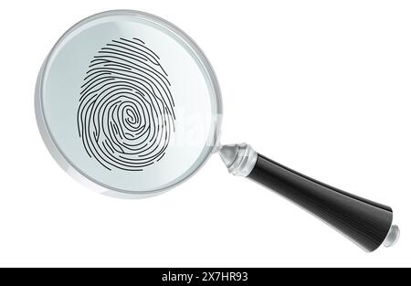 Fingerprint under loupe, magnifying glass. 3D rendering isolated on white background Stock Photo