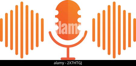 Vibrant orange icon representing a microphone with sound waves on a white background Stock Vector