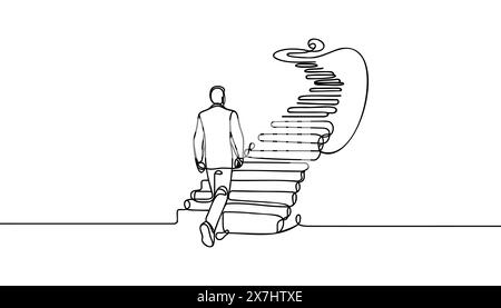 Continuous one line drawing. Reach the target. Businessman climbing stairs to the target. Concept business. Stock Vector