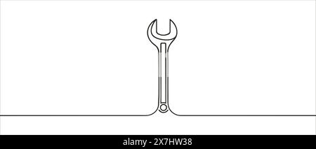 Mechanical wrench for nuts drawn in one continuous line isolated on white background Stock Vector