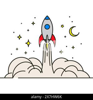 One continuous line drawing vector. Spacecraft flying up. concept rocket space ship launch Stock Vector