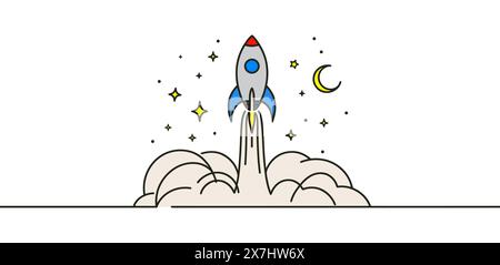 One continuous line drawing vector. Spacecraft flying up. concept rocket space ship launch Stock Vector
