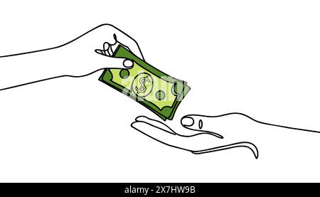 Continuous one line drawing hand receives money from the other hand. Wealth and prosperity concept. Vector illustration Stock Vector