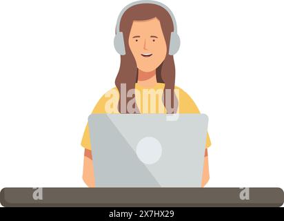 Illustration of a smiling young woman working on a laptop while wearing headphones Stock Vector