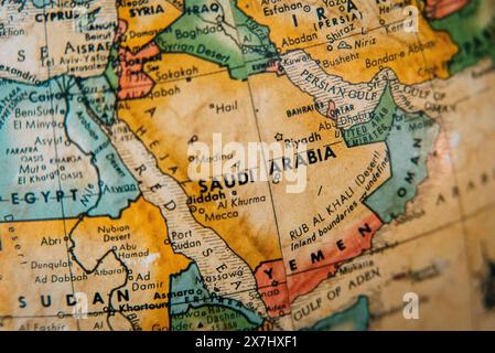 Close-up vintage map of the Middle East featuring Saudi Arabia, Egypt, Yemen, and surrounding regions. Stock Photo