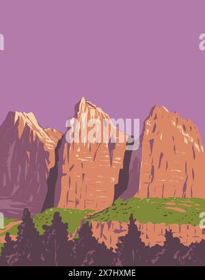 WPA poster art of the Three Patriarchs in Zion National Park located near Springdale in Utah, United States done in works project administration or Ar Stock Vector