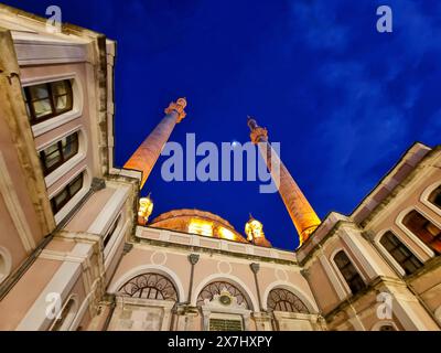 During the blue hour, Ortaköy Mosque attracts attention as a place worth seeing with its historical texture and architecture. Stock Photo