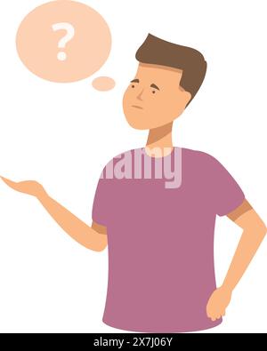 Illustrated young man in purple shirt looking puzzled with a question mark bubble Stock Vector