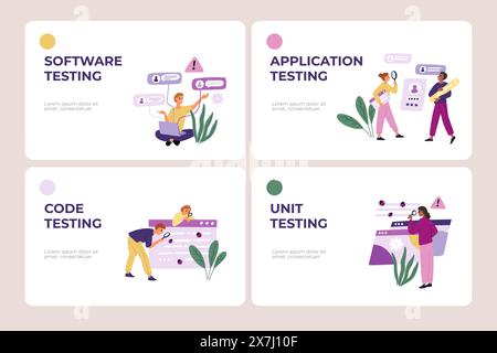 Mobile application testing. Landing page. Checking program code for errors. Internet app software. Young people looking for digital bugs. IT specialis Stock Vector